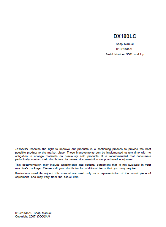 Doosan DX180LC Excavator Service Manual Workshop Guide
