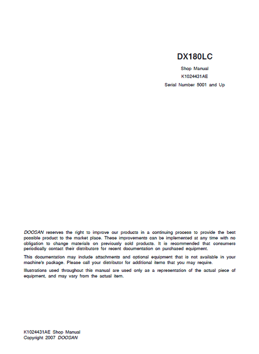 Doosan DX180LC Excavator Service Manual Workshop Guide
