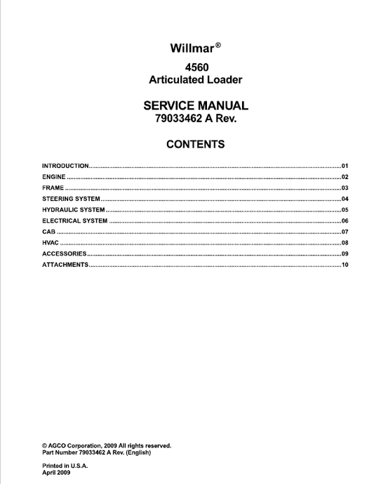 Willmar 4560 Wrangler Loader Service Manual Workshop Guide