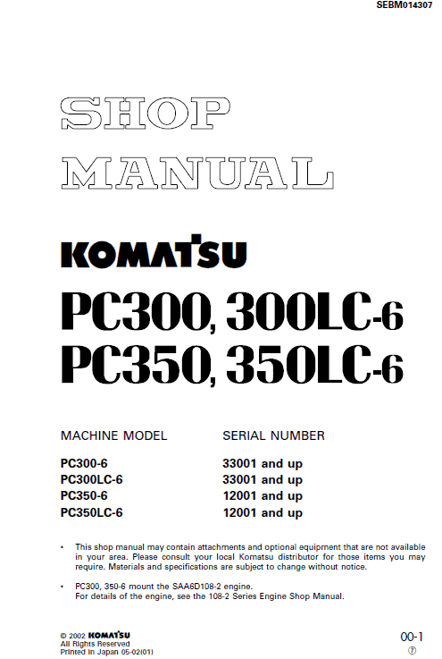 Komatsu PC300-6, PC300LC-6, PC350-6, PC350LC-6 Excavator Manual Workshop Guide