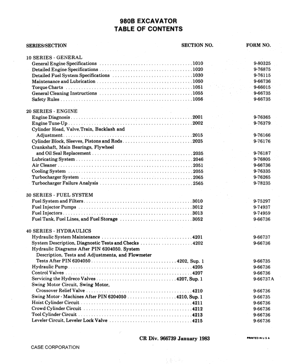 Case 980B Excavator Service Manual Workshop Guide