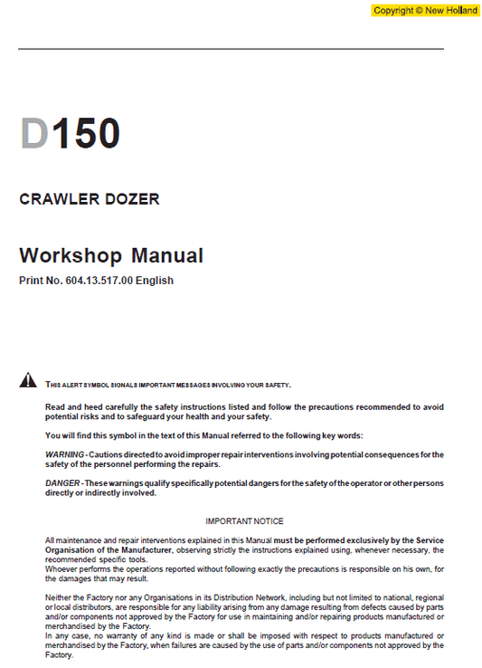 New Holland D150 Bulldozer Dozer Service Manual Workshop Guide