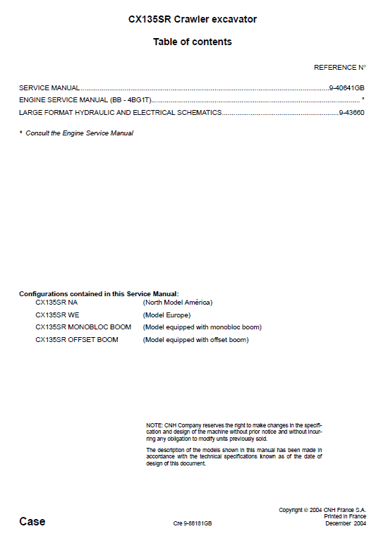 Case CX135SR Excavator Service Manual Workshop Guide