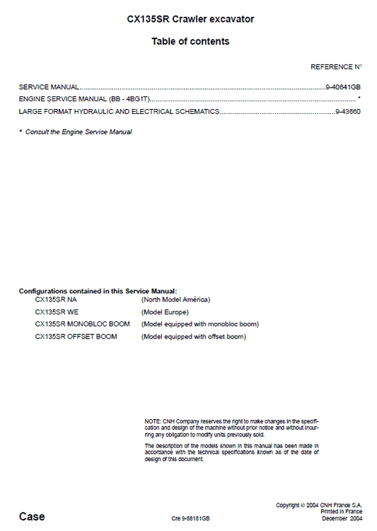 Case CX135SR Excavator Service Manual Workshop Guide