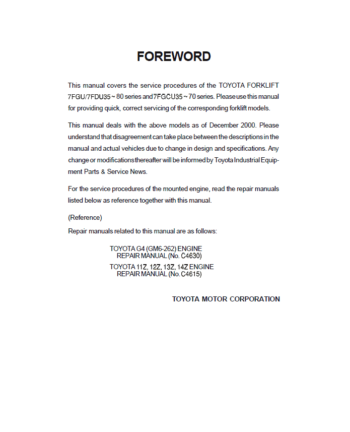 Toyota 7FGCU35, 7FGCU45, 7FGCU55, 7FGCU60, 7FGCU70, 7FGAU50 Forklift Repair Manual