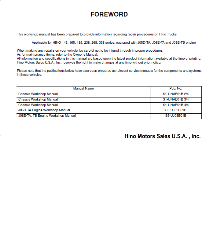 Hino 145, 165, 185, 238, 268, 338 Series Year 2005 Repair Manual Workshop Guide