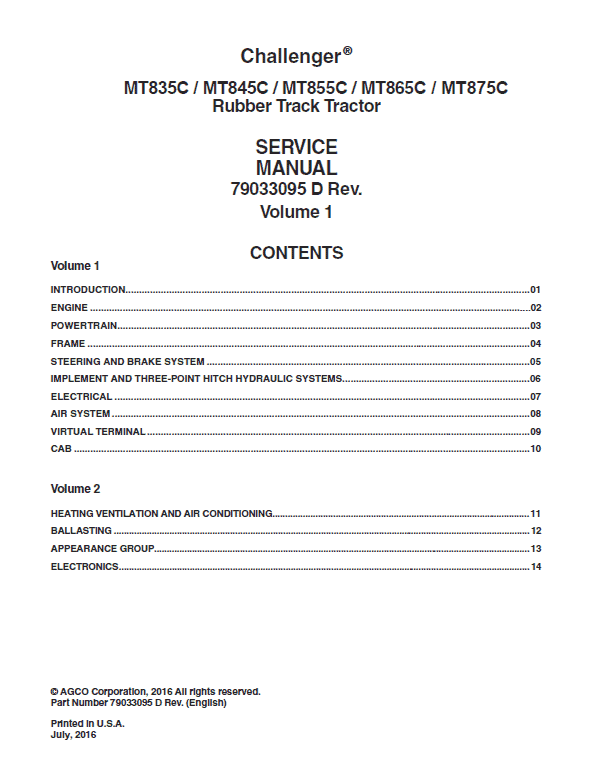 Challenger MT835C, MT845C, MT855C, MT865C, MT875C Tractor Service Manual Workshop Guide