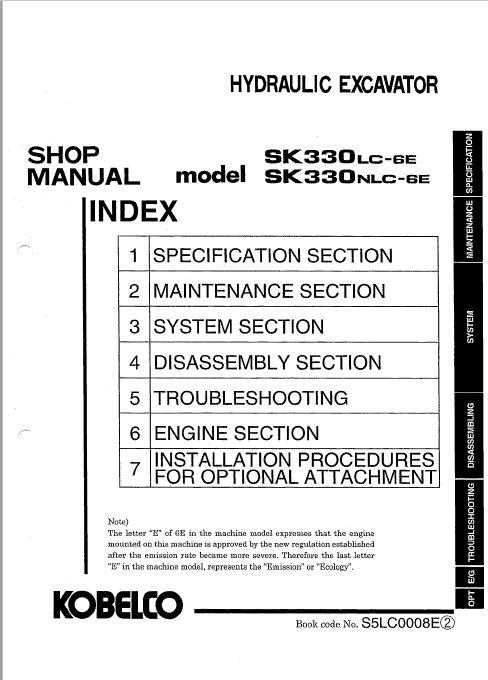 Kobelco SK330LC-6E and SK330NLC-6E Excavator Service Manual Workshop Guide