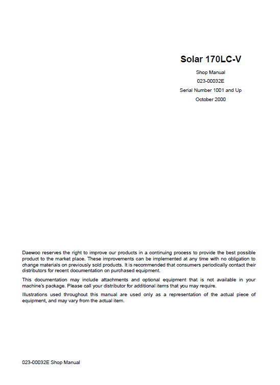 Daewoo Solar S170LC-V Excavator Service Manual Workshop Guide
