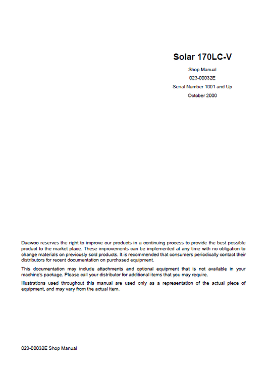 Daewoo Solar S170LC-V Excavator Service Manual Workshop Guide