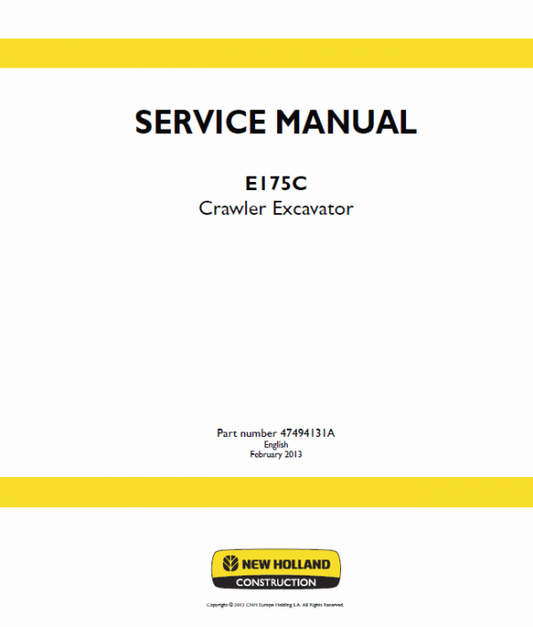 New Holland E175C Crawler Excavator Service Manual Workshop Guide