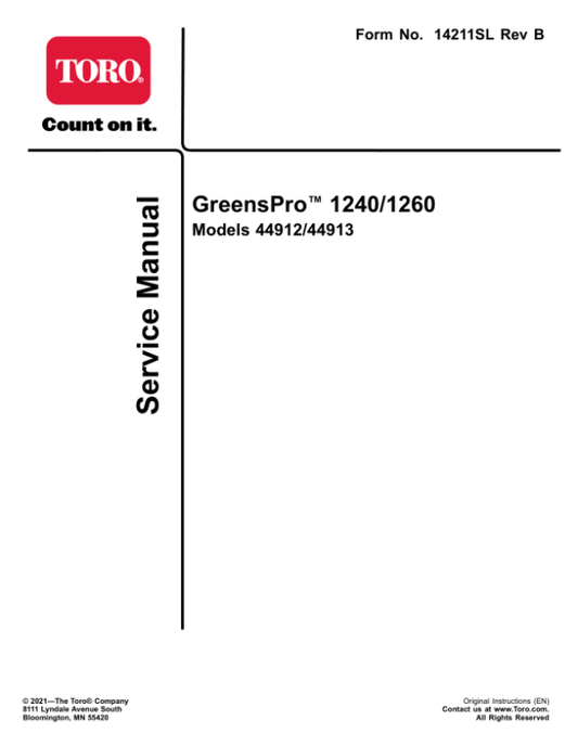 Toro Greens Pro 1240, 1260 Service Repair Manual Workshop Guide