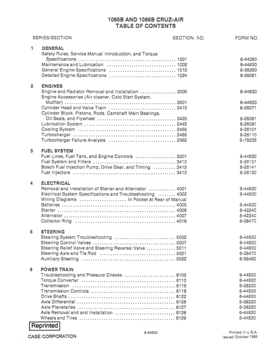 Case 1085B, 1086B Excavator Service Manual Workshop Guide