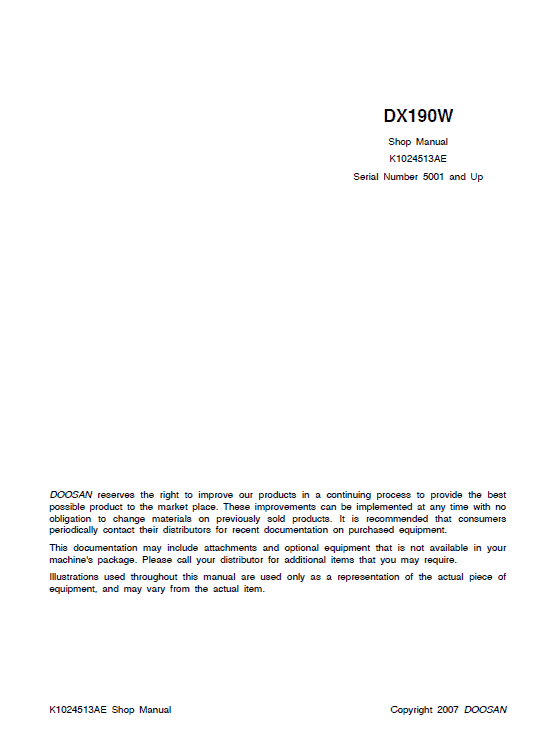 Doosan DX190W Excavator Service Manual Workshop Guide