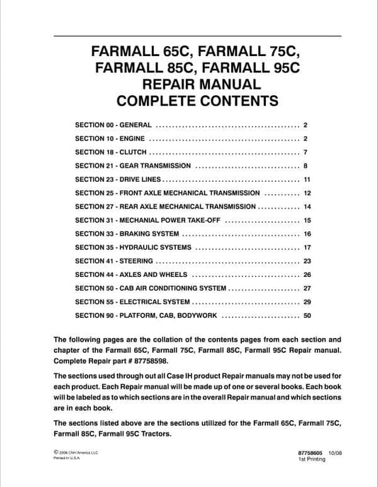 Case Farmall 65C, 75C, 85C, 95C Tractor Service Manual Workshop Guide