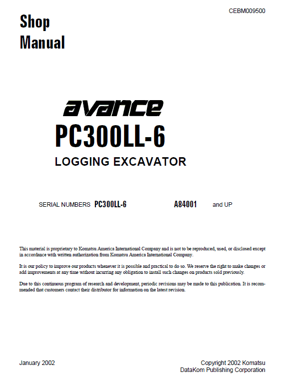 Komatsu PC300LL-6 Excavator Service Manual Workshop Guide