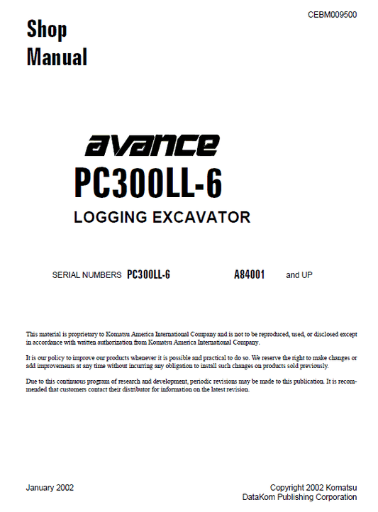 Komatsu PC300LL-6 Excavator Service Manual Workshop Guide