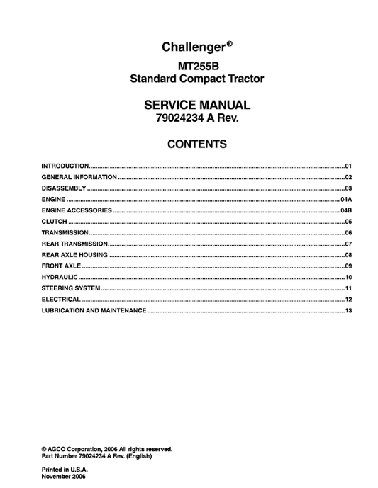 Challenger MT225B Tractor Service Manual Workshop Guide