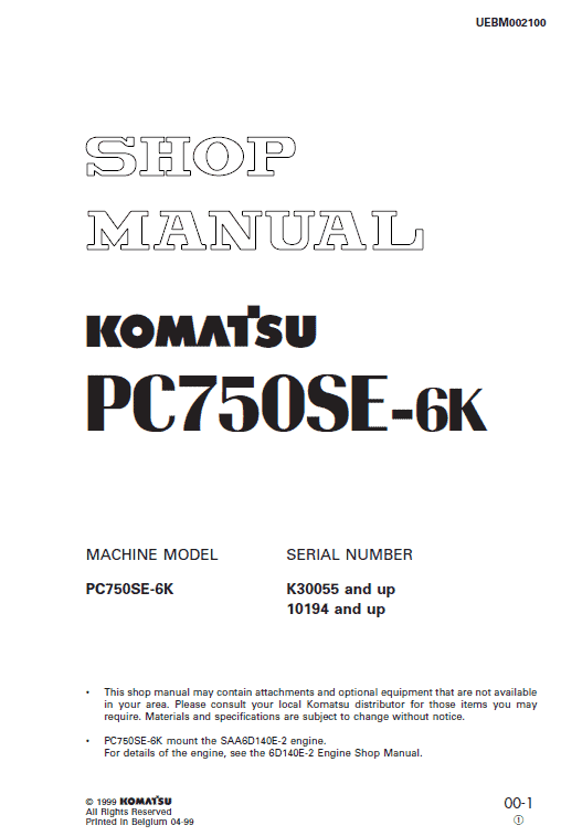 Komatsu PC750SE-6K Excavator Service Manual Workshop Guide