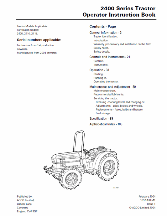 Massey Ferguson 2405, 2410, 2415 Tractor Service Manual Workshop Guide