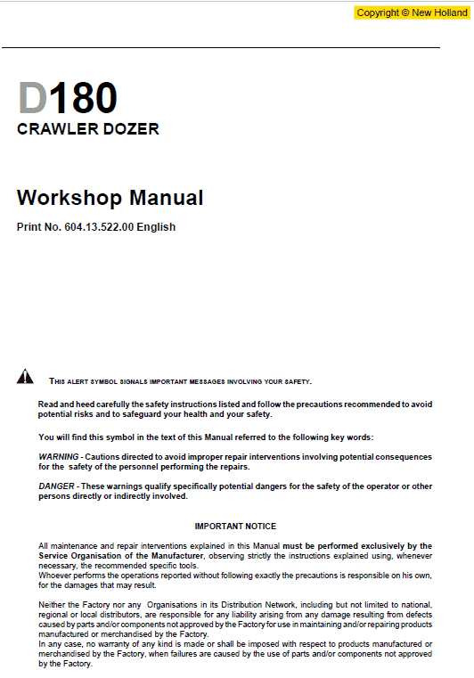 New Holland D180 Bulldozer Dozer Service Manual Workshop Guide