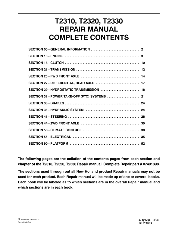 New Holland T2310, T2320, T2330 Tractor Service Manual Workshop Guide