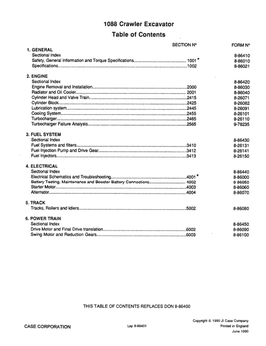Case 1088 Excavator Service Manual Workshop Guide