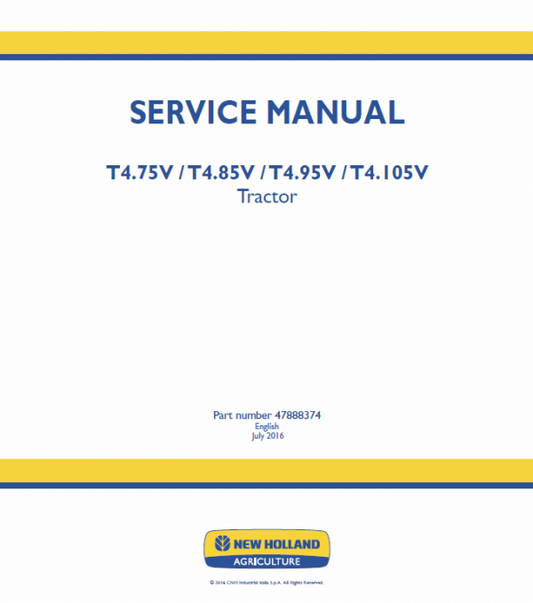 New Holland T4.75V, T4.85V, T4.95V, T4.105V Tractor Service Manual Workshop Guide