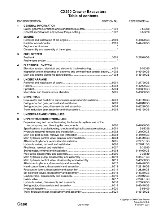 Case CX290 Excavator Service Manual Workshop Guide