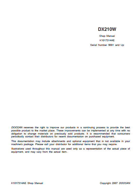 Doosan DX210W Excavator Service Manual Workshop Guide