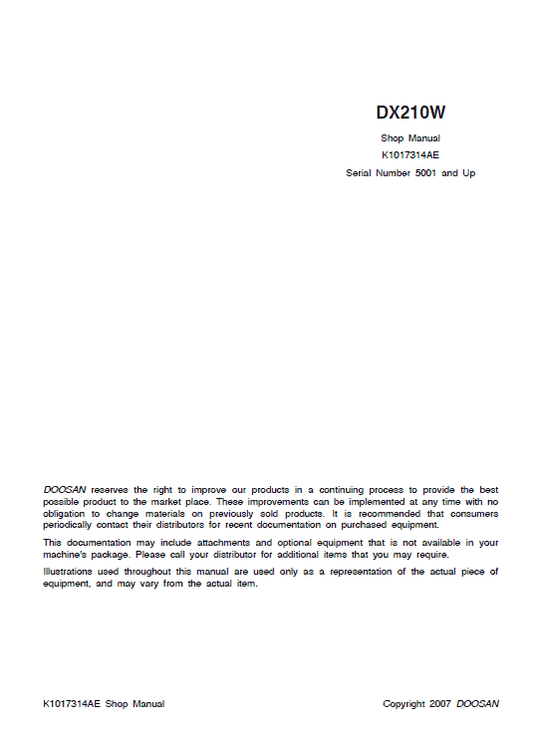 Doosan DX210W Excavator Service Manual Workshop Guide