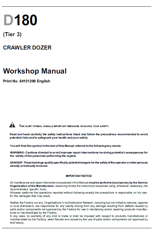 New Holland D180 Tier 2 & Tier 3 Crawler Dozer Service Manual Workshop Guide