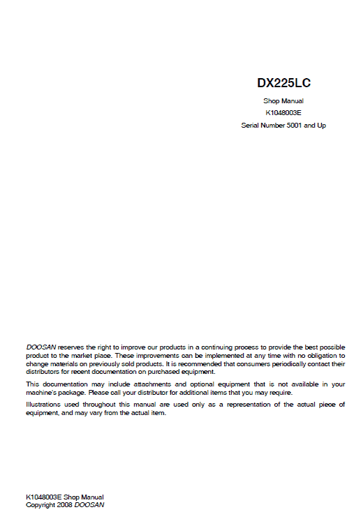 Doosan DX225LC Excavator Service Manual Workshop Guide