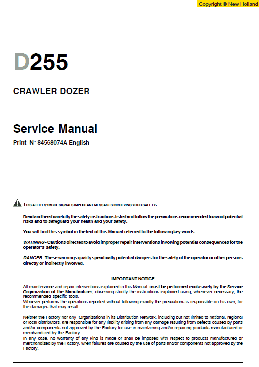 New Holland D255 Bulldozer Dozer Service Manual Workshop Guide