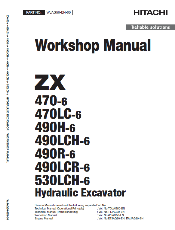 Hitachi ZX470-6, ZX490LCH-6 and ZX530LCH-6 Excavator Repair Manual Workshop Guide