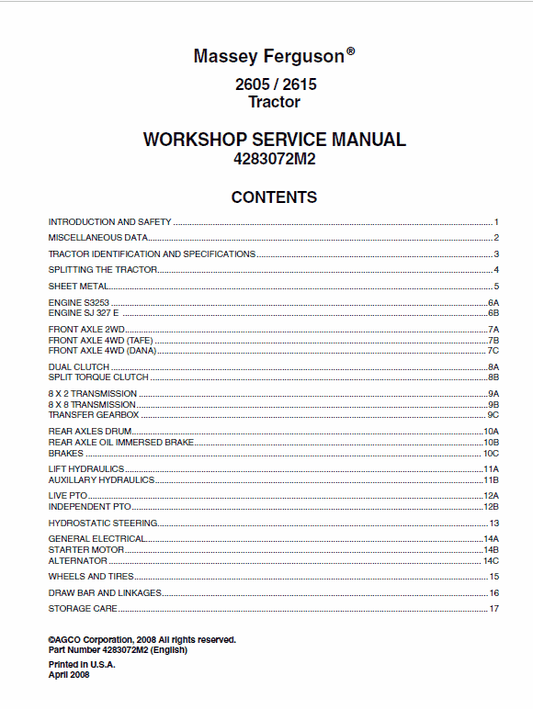 Massey Ferguson 2605, 2615 Tractor Service Manual Workshop Guide