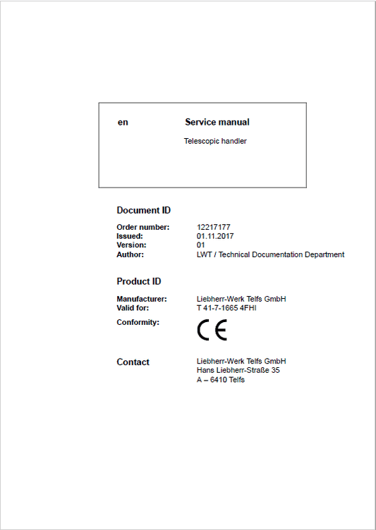 Liebherr T41-7 Telescopic Handler Service Manual