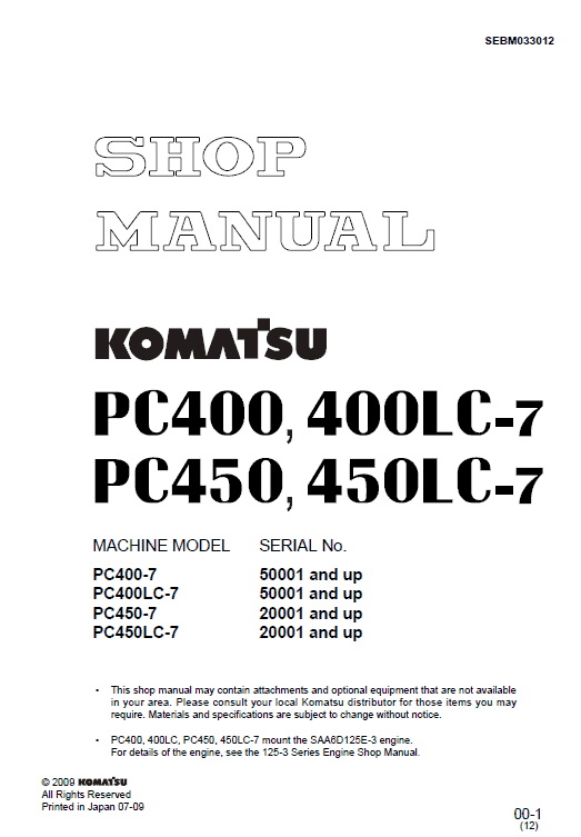 Komatsu PC400-7, PC400LC-7, PC450-7, PC450LC-7 Excavator Manual Workshop Guide