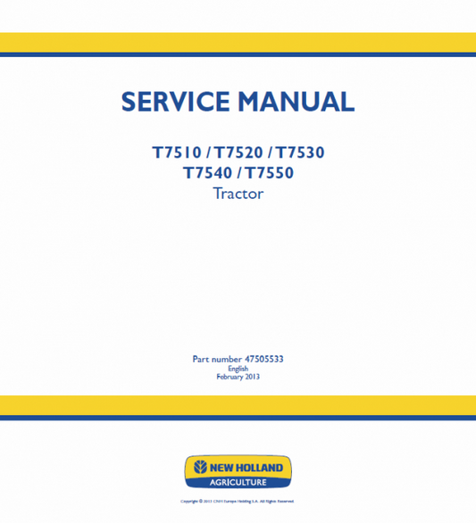 New Holland T7510, T7520, T7530, T7540, T7550 Tractor Service Manual Workshop Guide