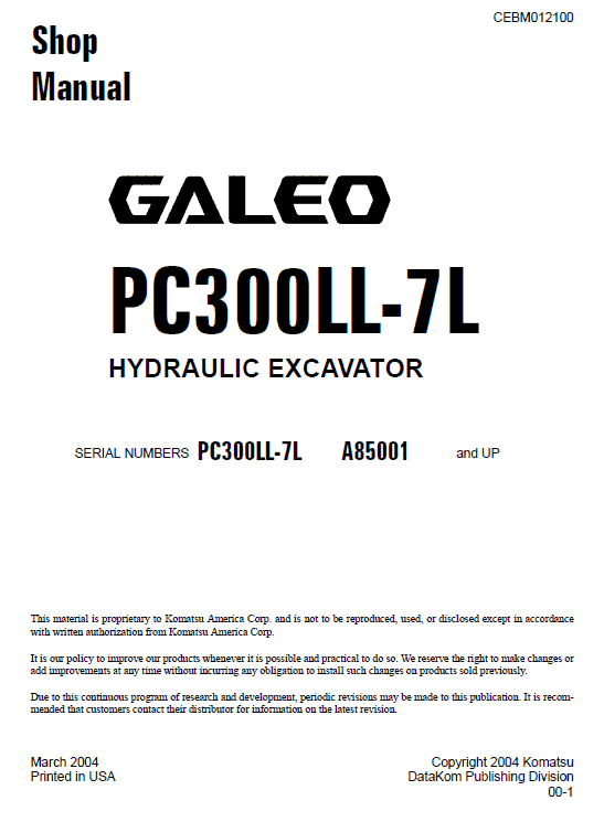 Komatsu Galeo PC300LL-7L Excavator Service Manual Workshop Guide