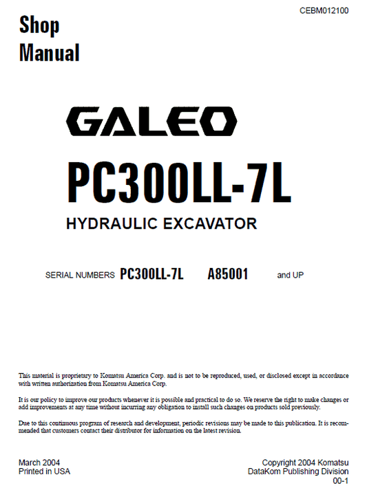 Komatsu Galeo PC300LL-7L Excavator Service Manual Workshop Guide