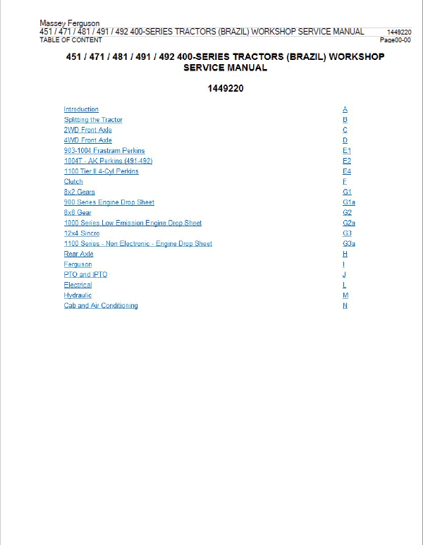 Massey Ferguson 451, 471, 481, 491, 492 Tractor Service Manual Workshop Guide