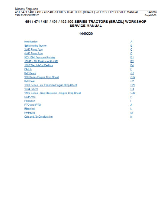Massey Ferguson 451, 471, 481, 491, 492 Tractor Service Manual Workshop Guide