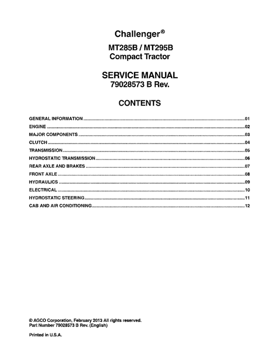 Challenger MT285, MT295 Tractor Service Manual Workshop Guide