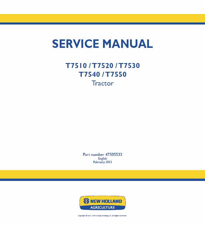 New Holland T7510, T7520, T7530, T7540, T7550 Tractor Service Manual Workshop Guide