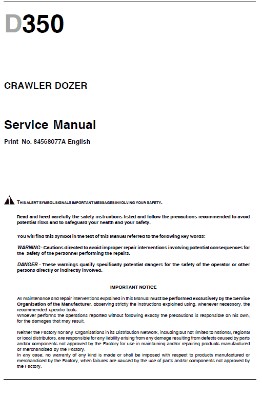 New Holland D350 Bulldozer Dozer Service Manual Workshop Guide