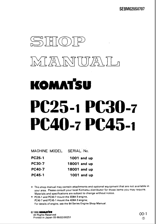 Komatsu PC25-1, PC30-7, PC40-7, PC45-1 Excavator Service Manual Workshop Guide