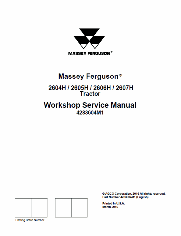 Massey Ferguson 2604H, 2605H, 2606H, 2607H Tractor Service Manual Workshop Guide
