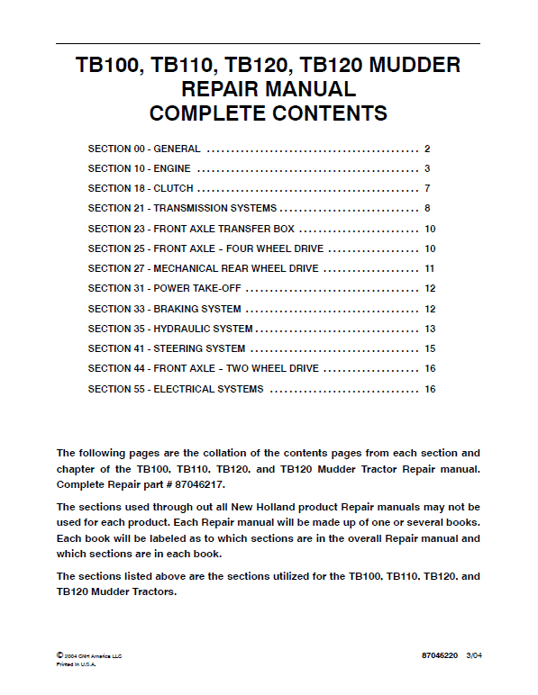 New Holland TB100, TB110, TB120 Tractor Service Manual Workshop Guide
