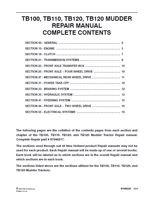 New Holland TB100, TB110, TB120 Tractor Service Manual Workshop Guide